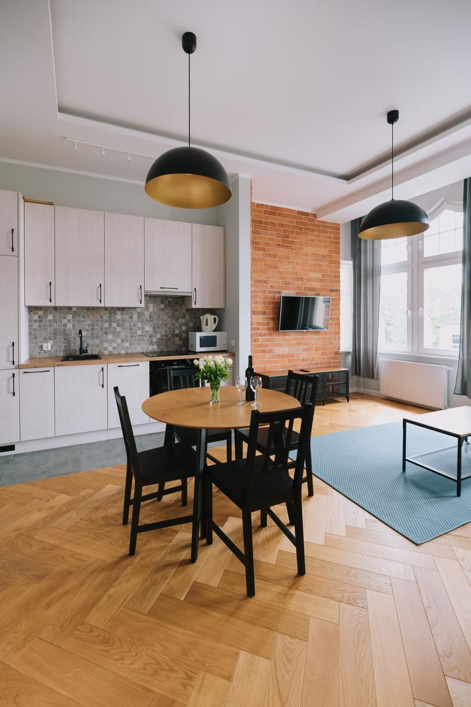 Kitchen or kitchenette, Living room, Dining area, stove