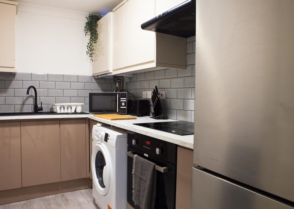 Kitchen or kitchenette, minibar, stove, toaster, washing machine