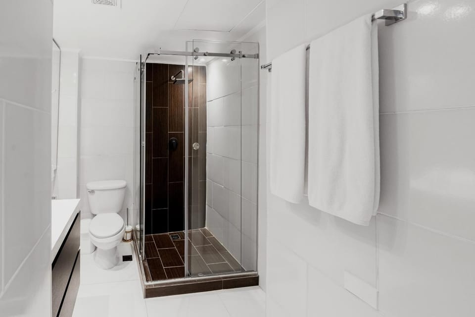 Shower, Toilet, Bathroom, hair dryier, towels
