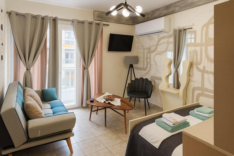 Bed, TV and multimedia, Living room, Photo of the whole room, Seating area, Bedroom, air conditioner