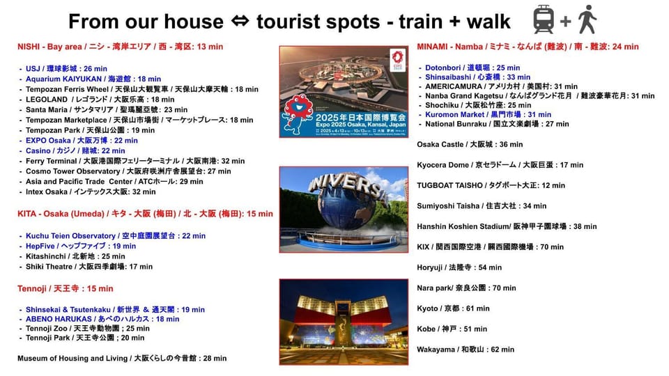 Direct to 2 Shinsekai&Tsutenkaku 19 min,Osaka Castle 36 min,Horyuji 54 min,KIX&Nara 70 min,EXPO 22 min,USJ 26 min,Kaiyukan 18 min,Solaniwa 6 min, Kyocera Dome 17 min,15 min to KITA-Osaka-Umeda-HepFive,KuchuTeien,Kitashinchi,22 min to Yumesima-EXPO,casino Apartment in Osaka