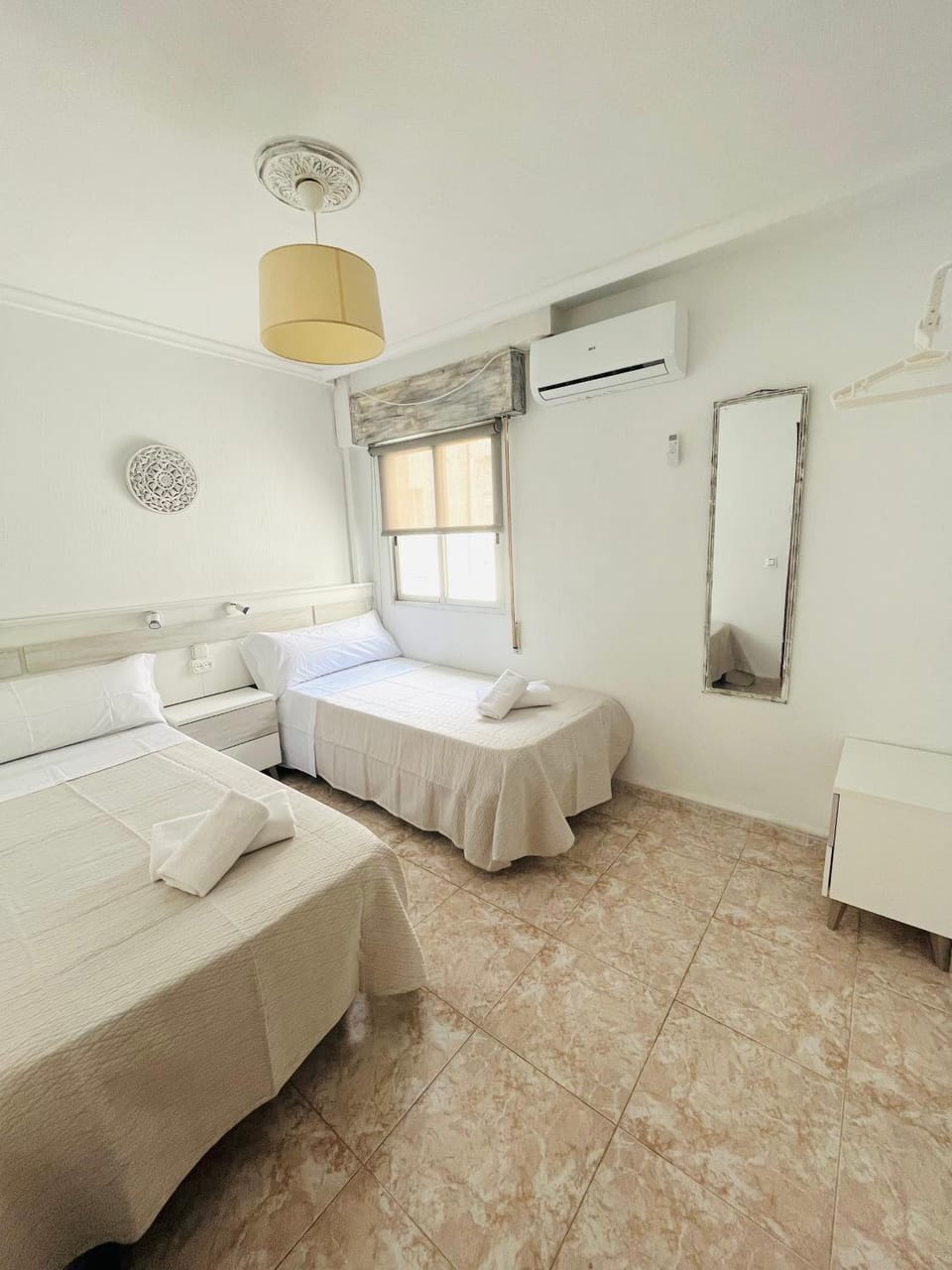 Bed, Photo of the whole room, Bedroom, towels, air conditioner