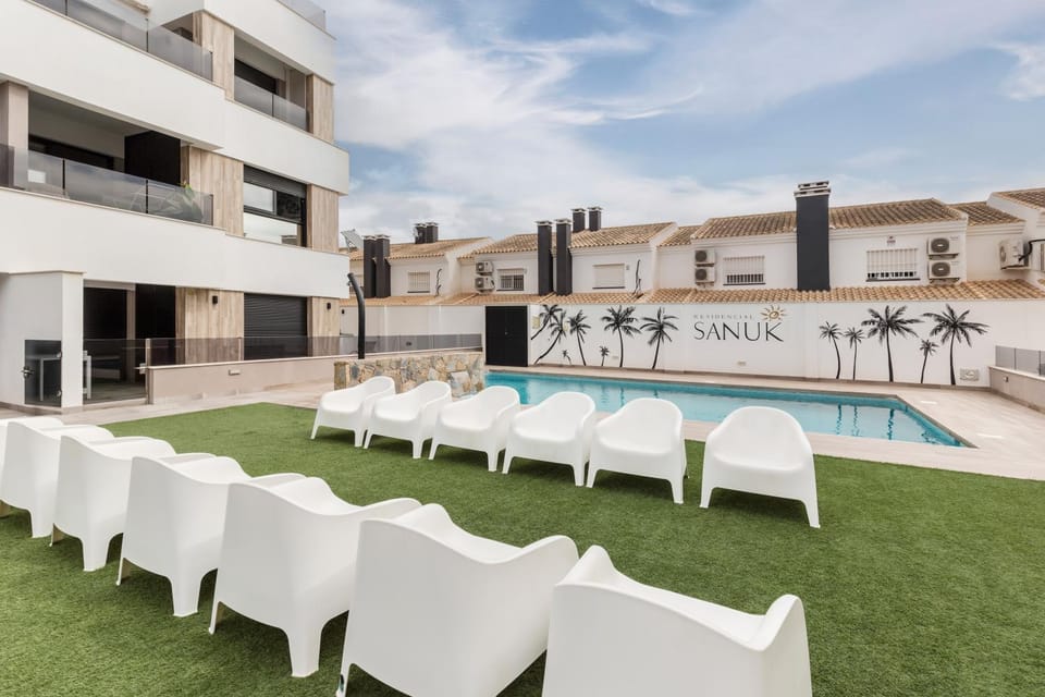 Property building, Living room, Swimming pool