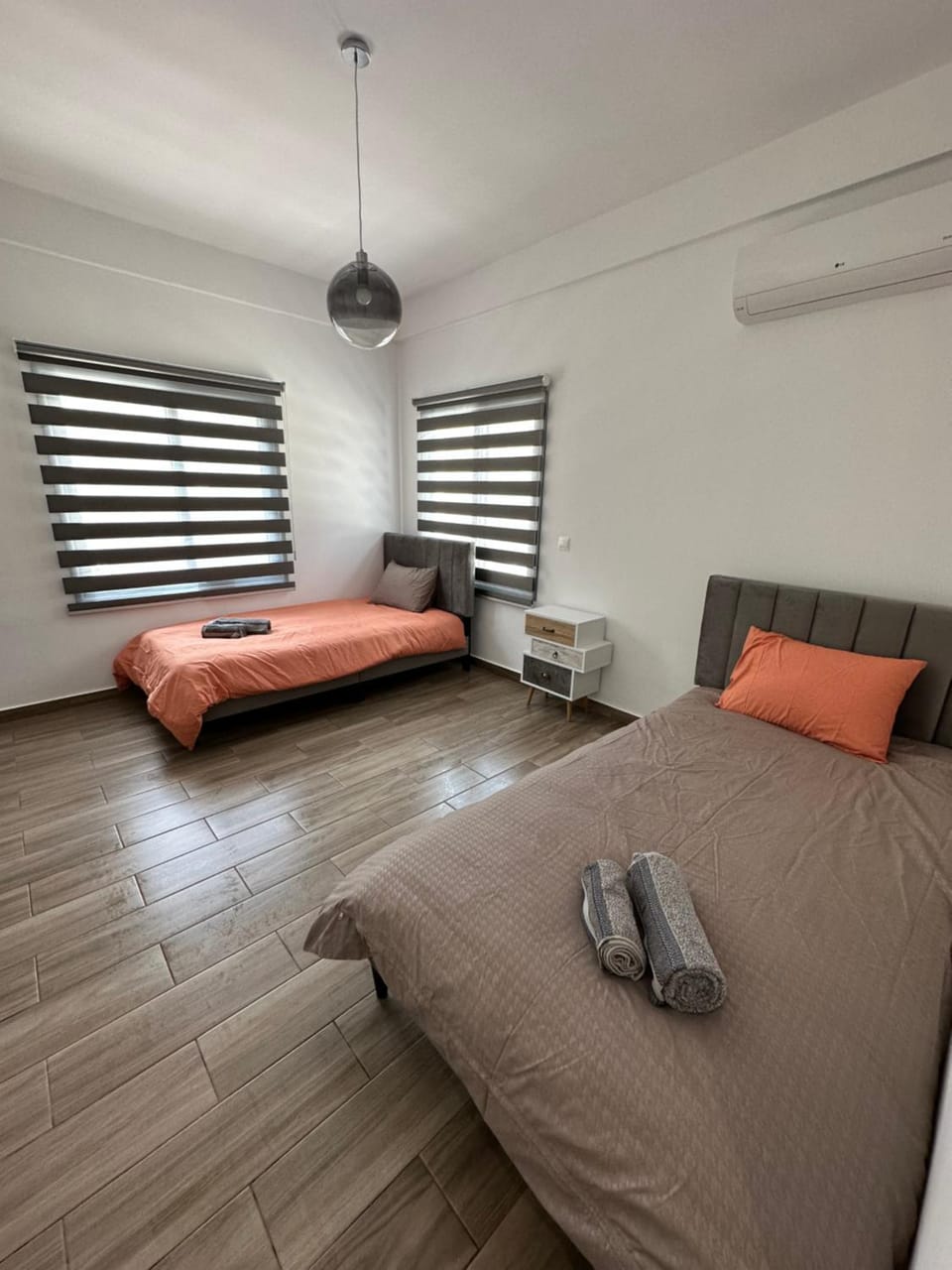 Bed, Photo of the whole room, Bedroom, towels, air conditioner