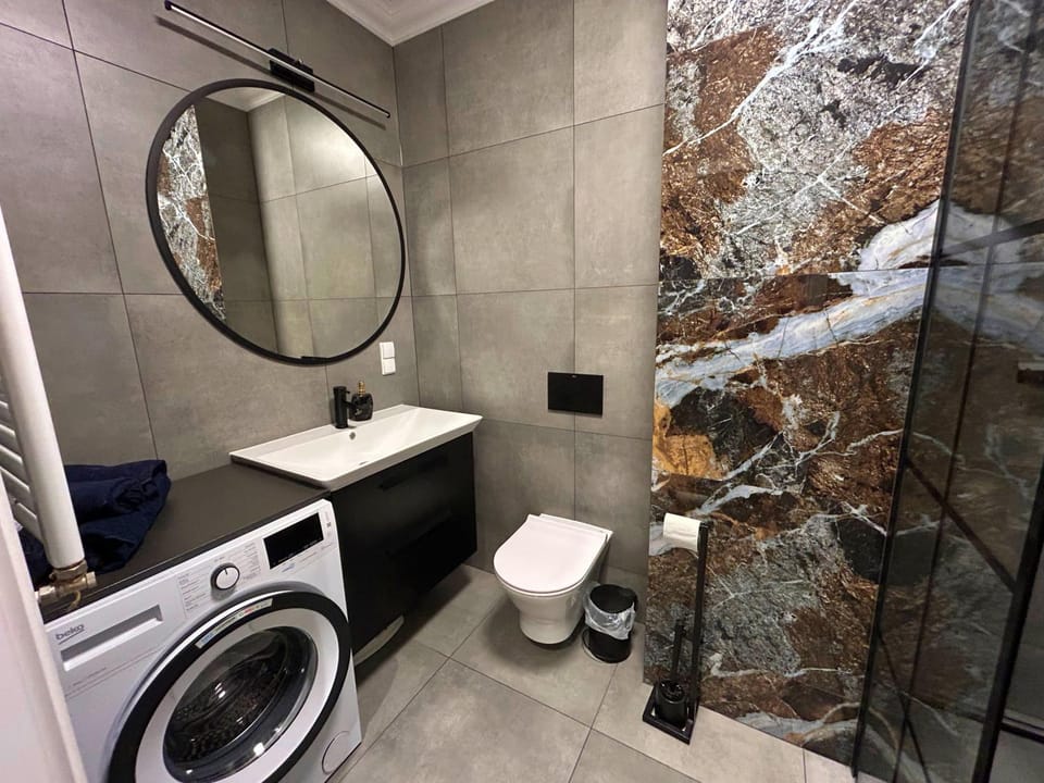 Shower, Toilet, Bathroom, towels, laundry, washing machine