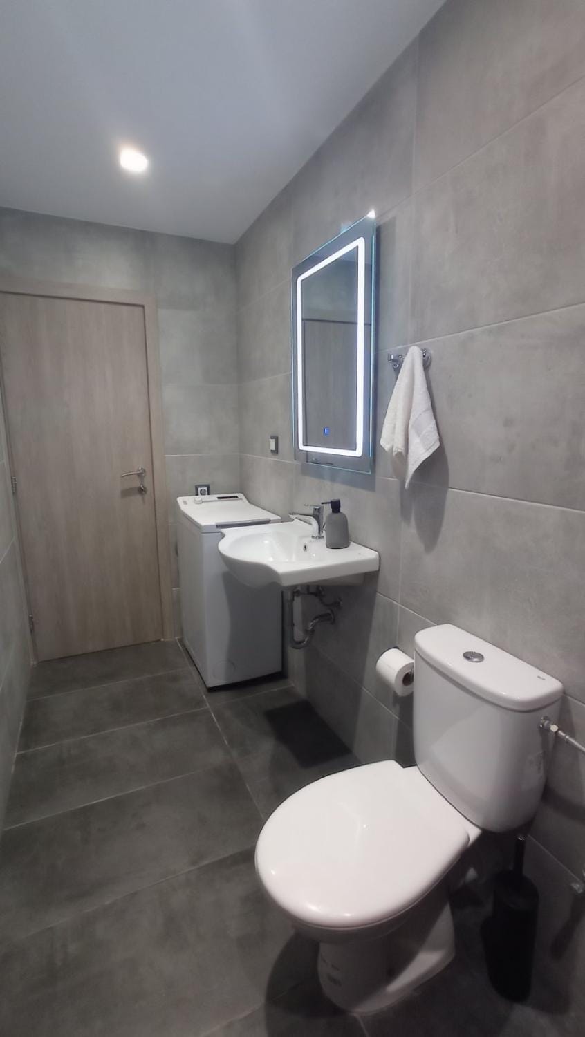 Toilet, Bathroom, towels, washing machine