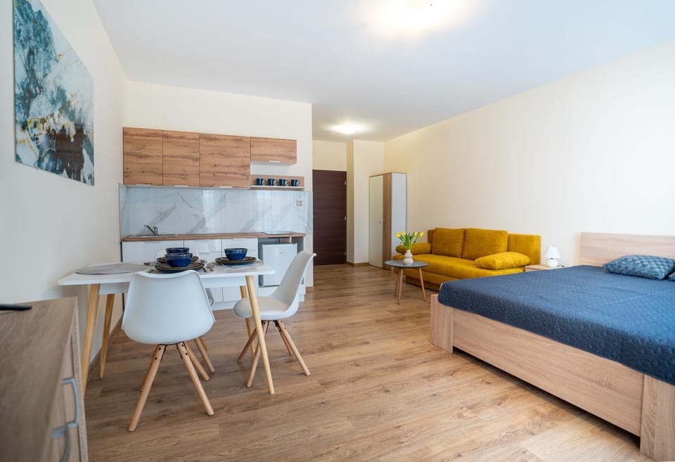 Bed, TV and multimedia, Kitchen or kitchenette, Living room, Photo of the whole room, Seating area, Dining area, Bedroom