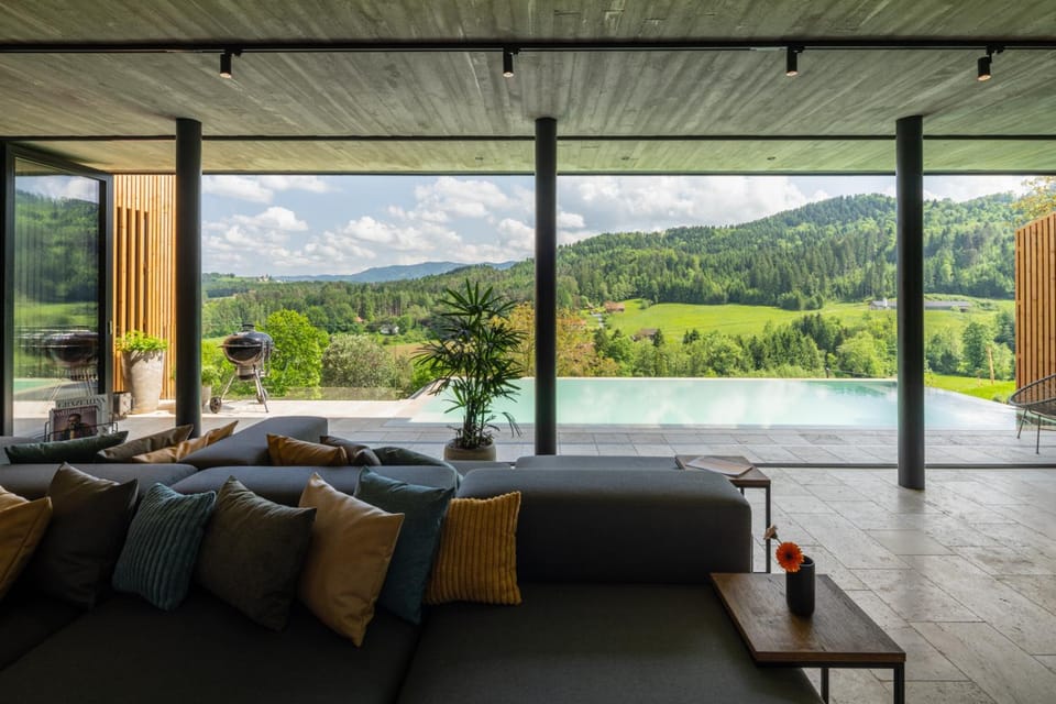 Natural landscape, View (from property/room), Balcony/Terrace, Living room, Pool view, Swimming pool