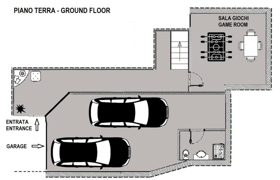 Game Room, Floor plan, Text overlay, Parking