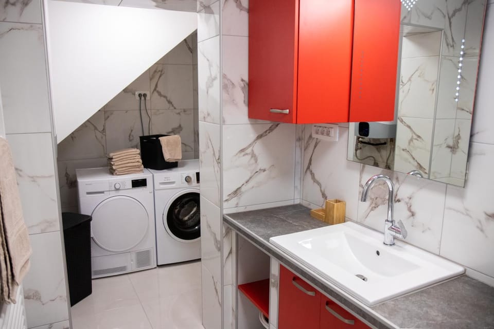 Bathroom, dishwasher, towels, washing machine, dryer