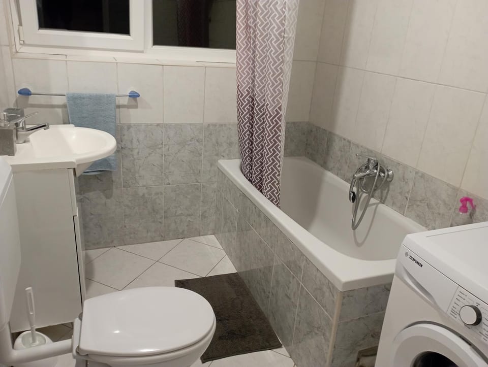 Toilet, Bath, towels, washing machine