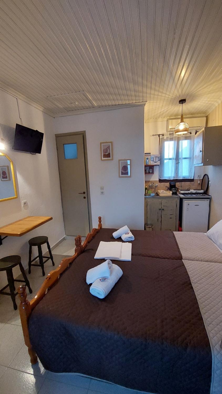 Bed, TV and multimedia, Kitchen or kitchenette, Photo of the whole room, Dining area, Bedroom, towels