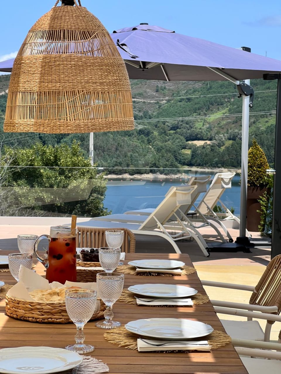 Patio, Natural landscape, Dining area, River view, sunbed
