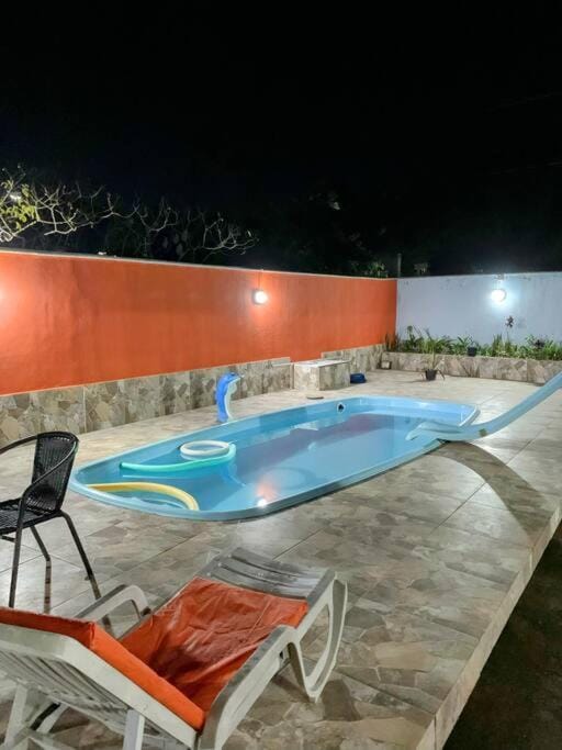 Night, Pool view, Swimming pool, sunbed