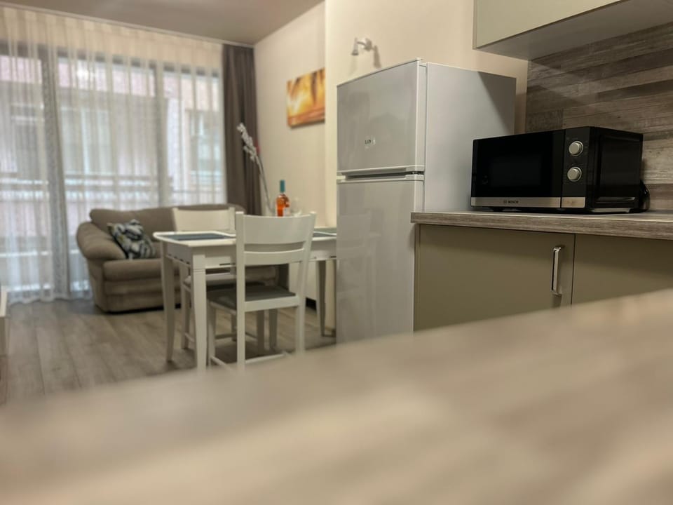 Kitchen or kitchenette, Living room, Seating area, Dining area