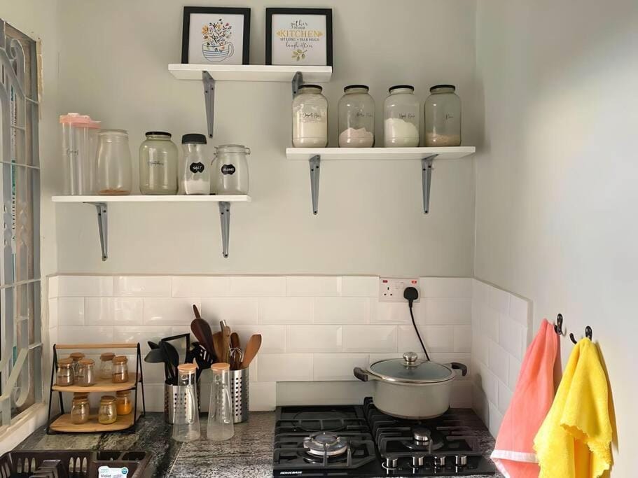 Kitchen or kitchenette, stove