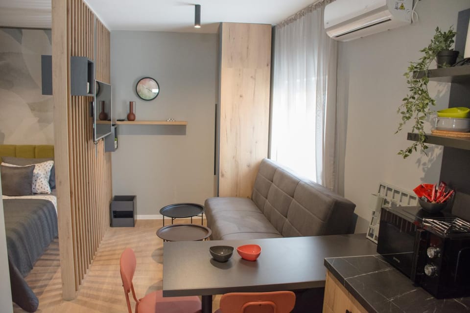 Bed, TV and multimedia, Kitchen or kitchenette, Living room, Photo of the whole room, Seating area, Dining area, Bedroom, air conditioner