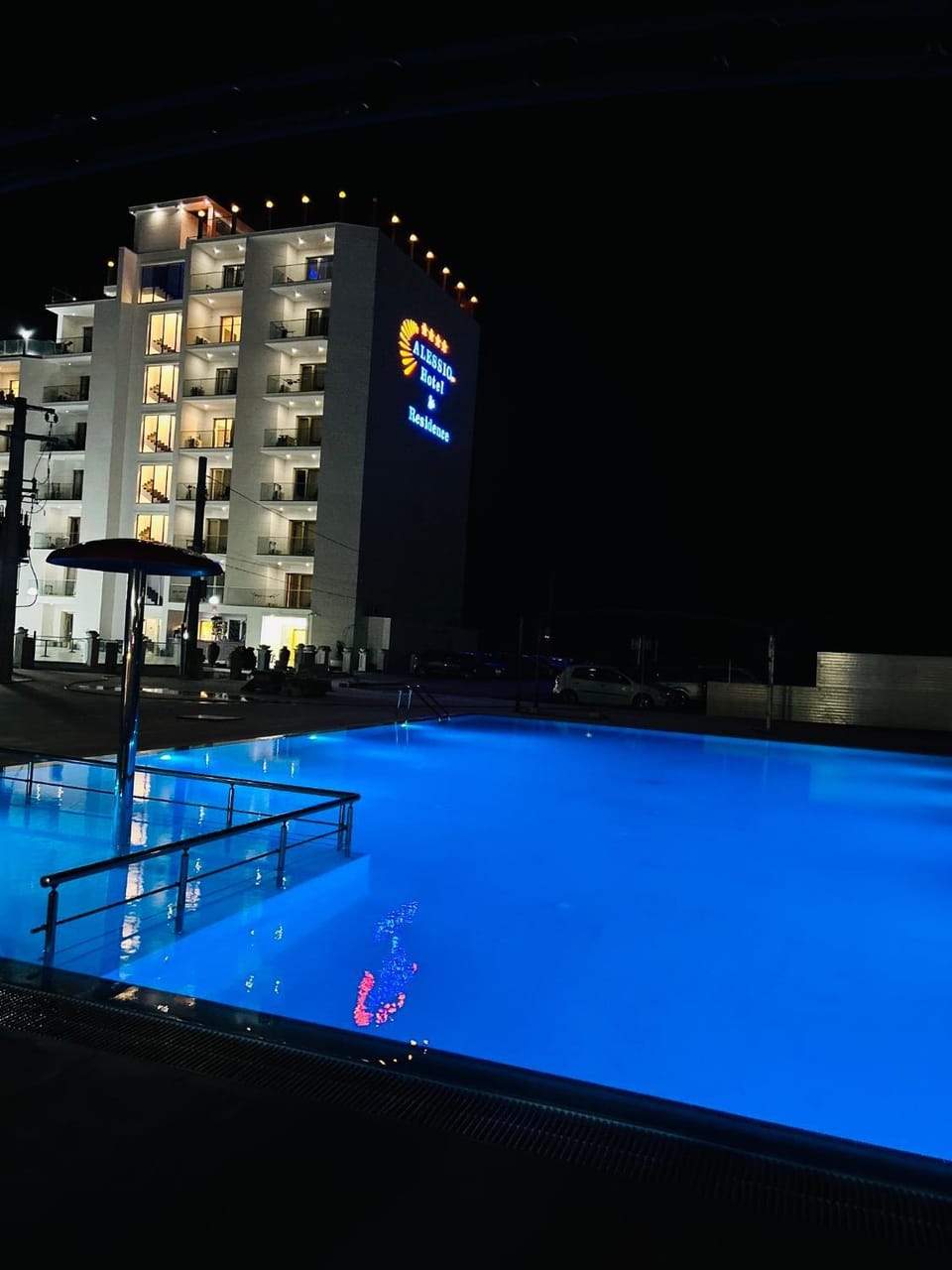 Property building, Night, Pool view, Swimming pool