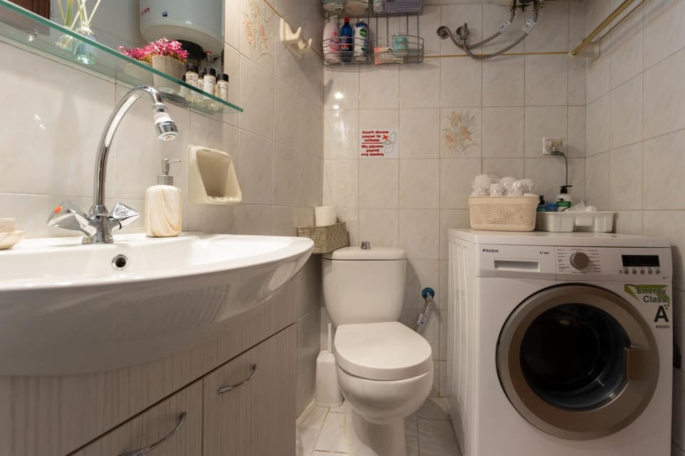 Toilet, towels, washing machine