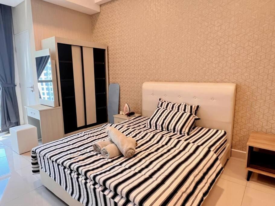 Bed, furniture, heating, towels, wardrobe