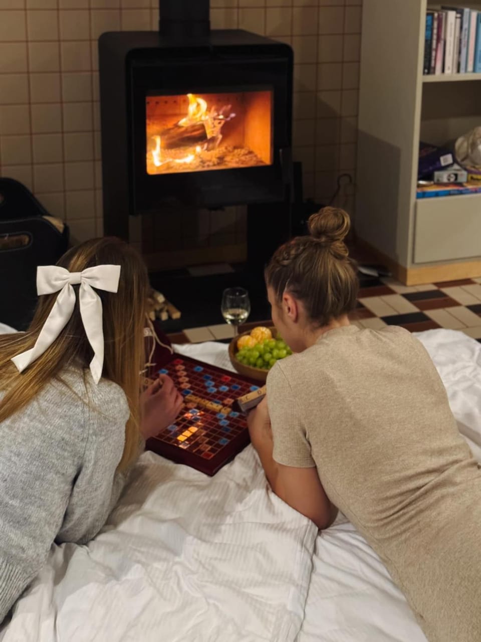 People, Winter, Evening entertainment, group of guests, Family, fireplace