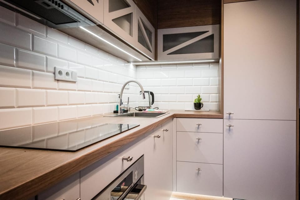 Kitchen or kitchenette, stove