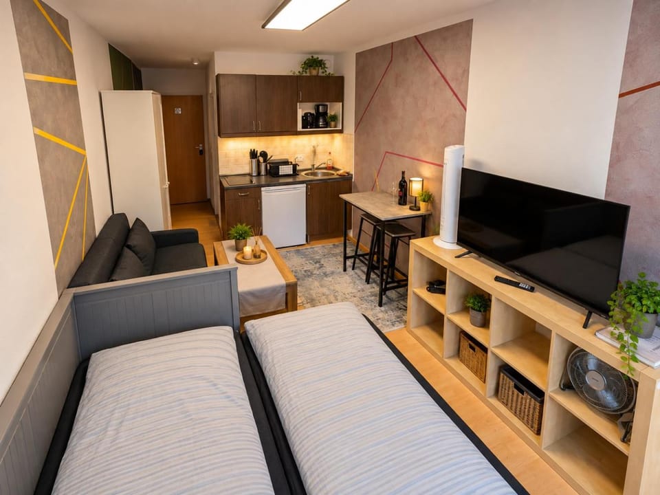 Communal lounge/ TV room, Bed, TV and multimedia, Kitchen or kitchenette, Living room, Photo of the whole room, Seating area, Dining area, Evening entertainment, Bedroom