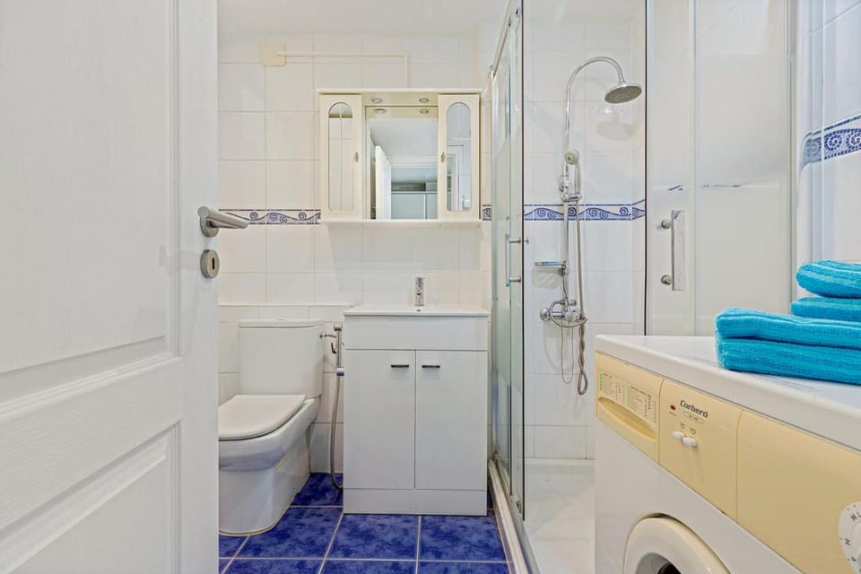 Shower, Toilet, towels, washing machine