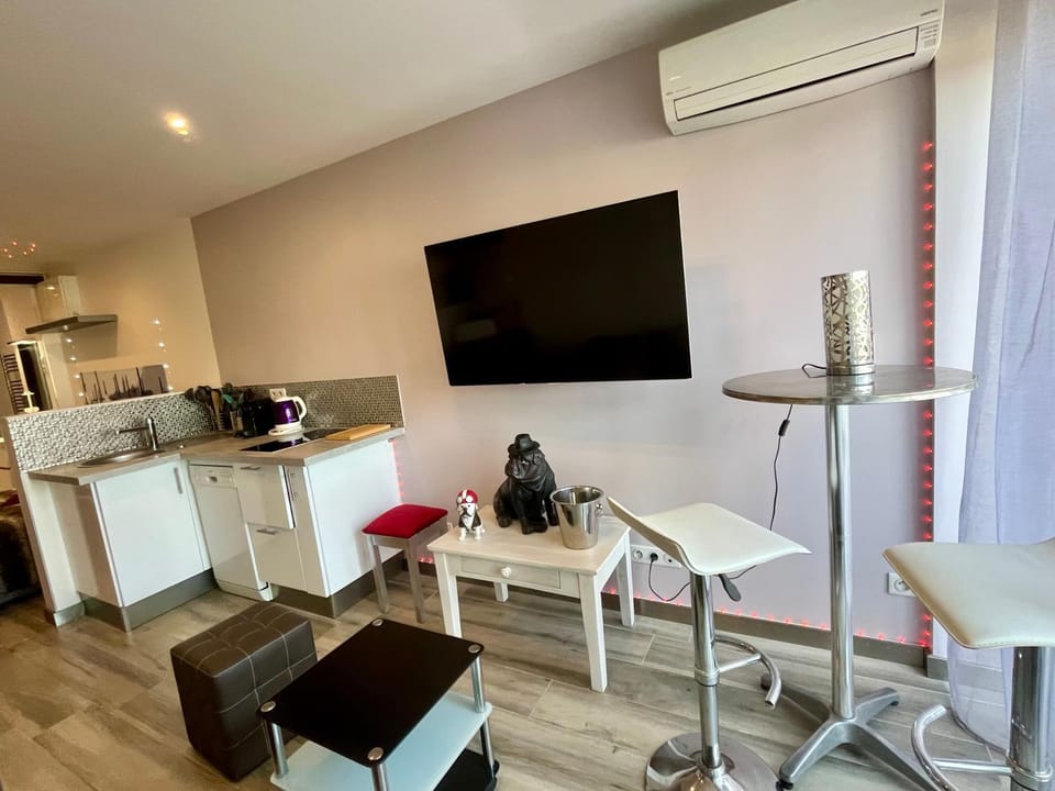 TV and multimedia, Kitchen or kitchenette, Living room, Seating area, Dining area, stove, air conditioner