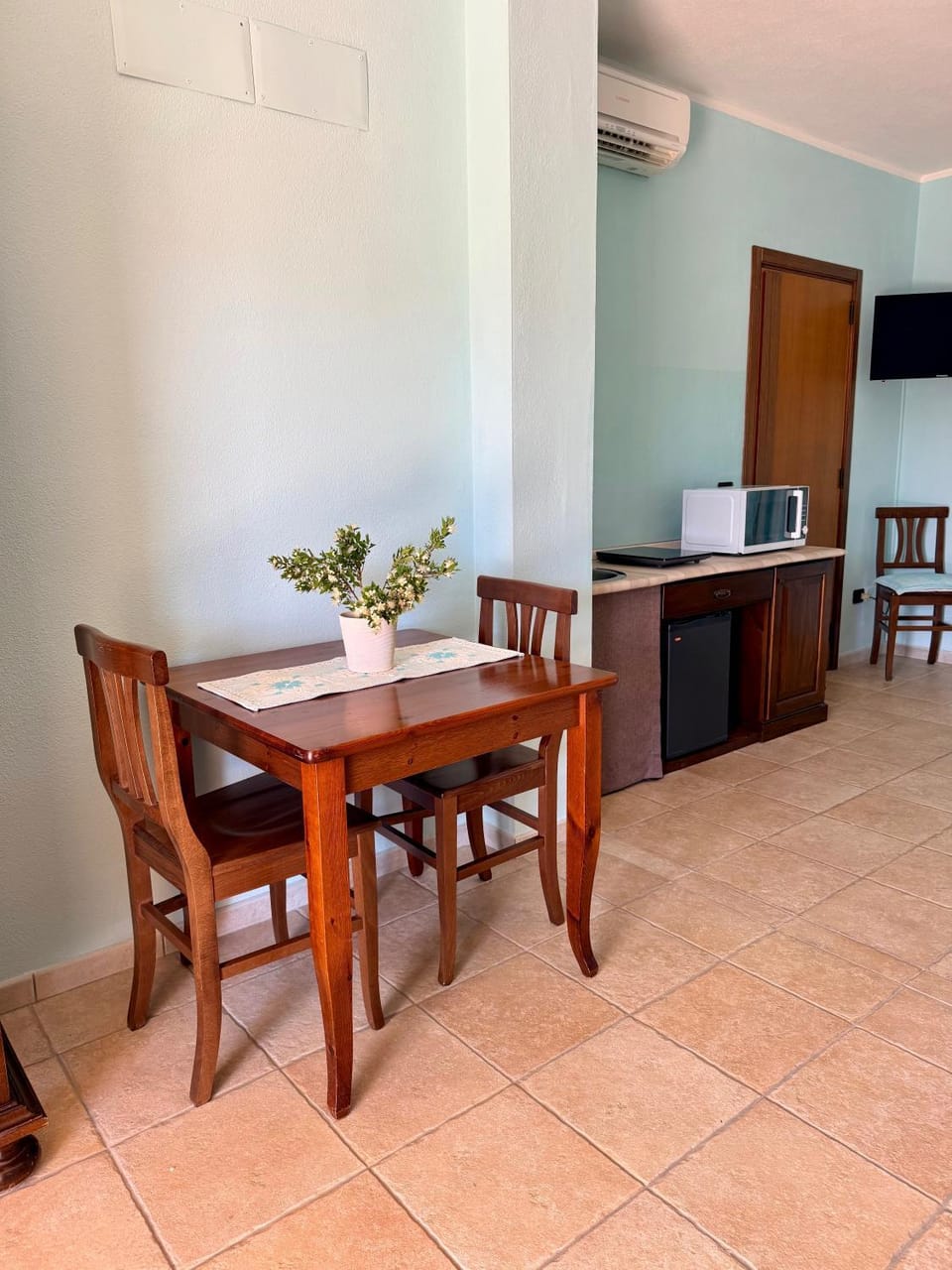 TV and multimedia, Kitchen or kitchenette, Photo of the whole room, microwave, stove, air conditioner