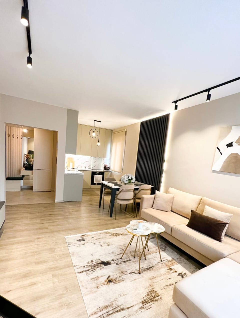 TV and multimedia, Kitchen or kitchenette, Living room, Photo of the whole room, Seating area, Dining area
