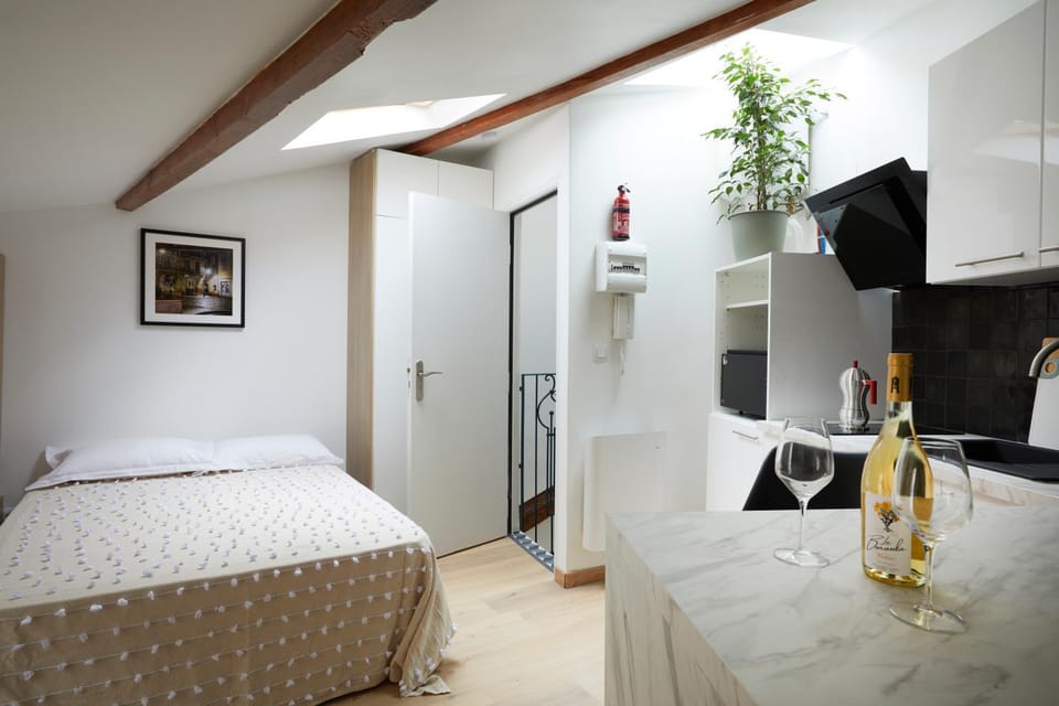Bed, TV and multimedia, Kitchen or kitchenette, Photo of the whole room, Bedroom, wardrobe