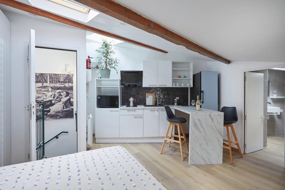 Bed, TV and multimedia, Kitchen or kitchenette, Photo of the whole room, Dining area, Bedroom, minibar, oven