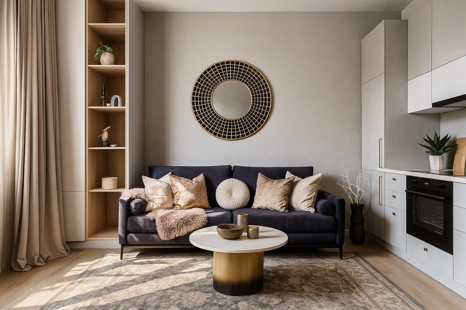 Kitchen or kitchenette, Living room, Seating area
