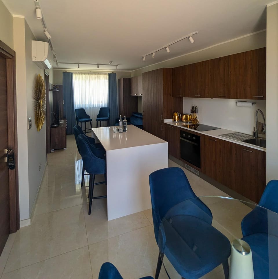 Kitchen or kitchenette, Living room, Seating area, Dining area, stove