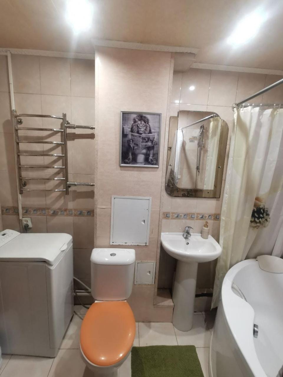 Shower, Toilet, Bathroom, towels, washing machine, dryer