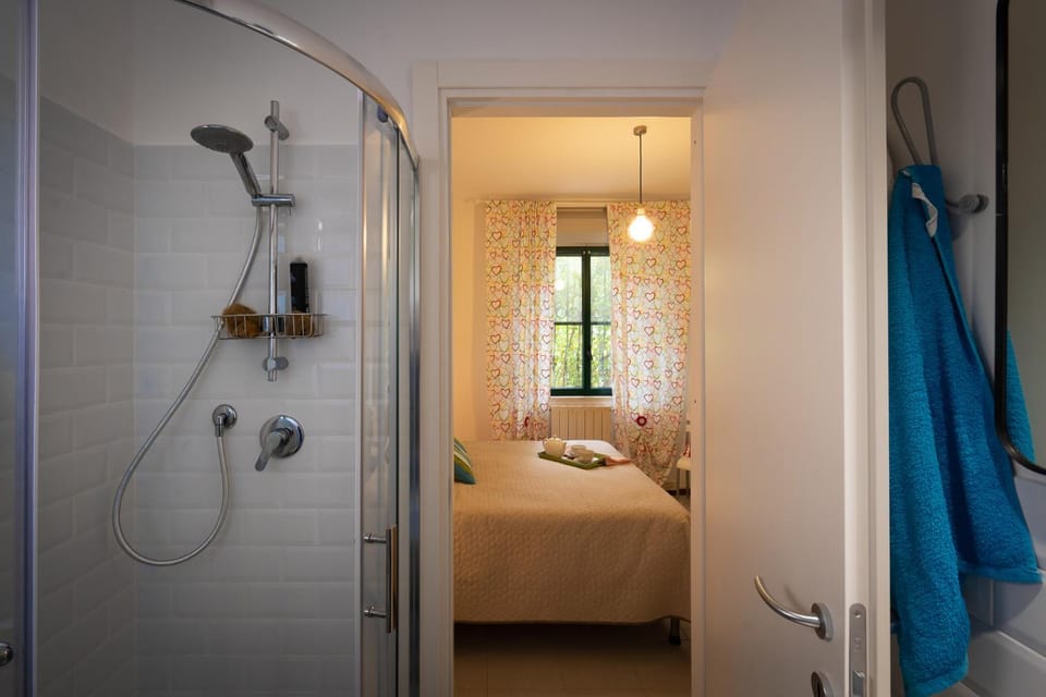 Shower, Bed, Bathroom, Photo of the whole room, Bedroom, towels