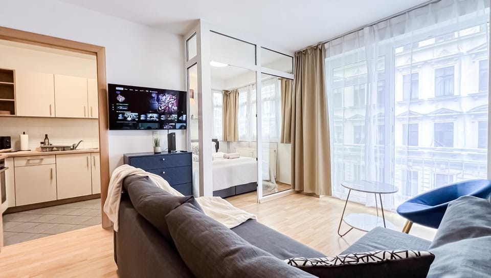 TV and multimedia, Kitchen or kitchenette, Living room, Photo of the whole room, Seating area, Bedroom