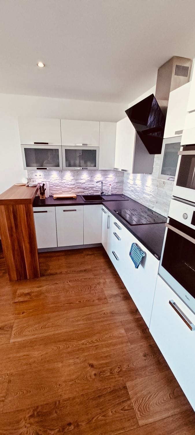 Kitchen or kitchenette, stove