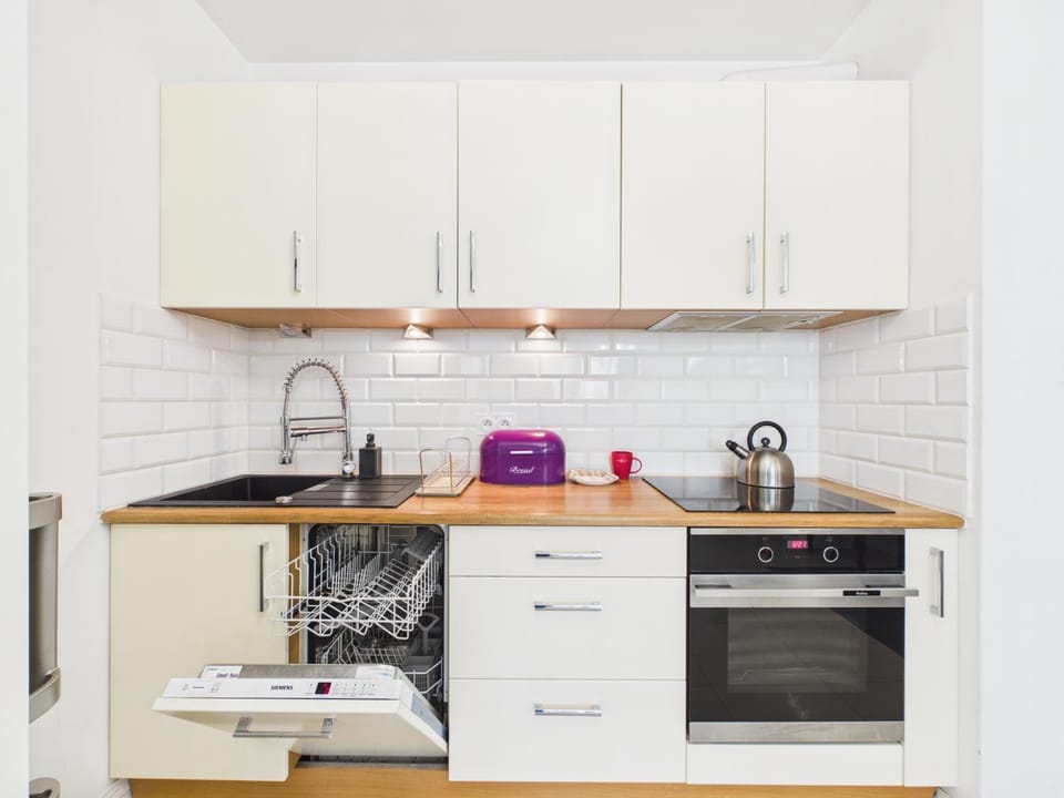 Kitchen or kitchenette, dishwasher, stove