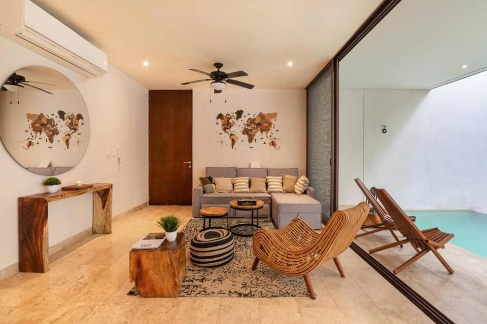 Living room, Seating area, Pool view