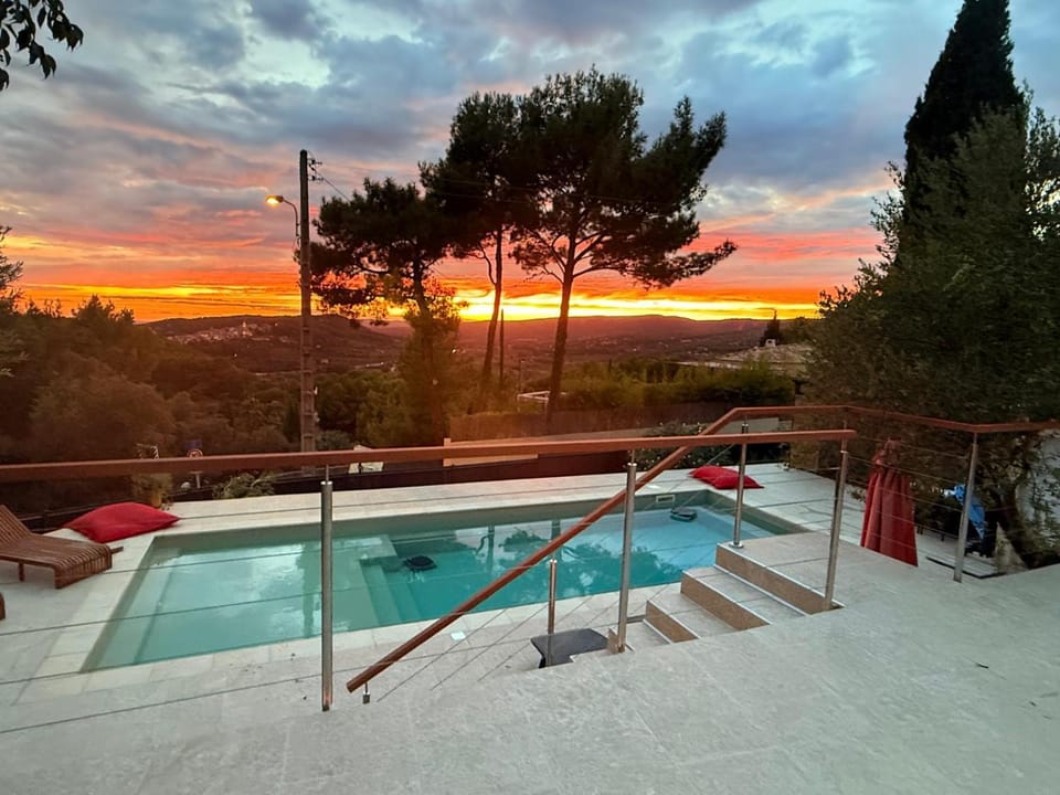 Patio, Natural landscape, Pool view, Swimming pool, Sunset, sunbed