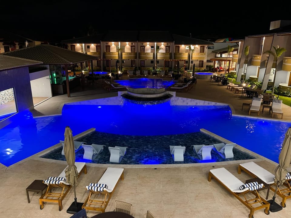 Night, Pool view, Swimming pool, sunbed