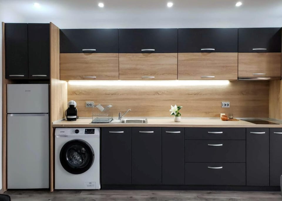Kitchen or kitchenette, minibar, oven, stove, wardrobe, washing machine, kitchen