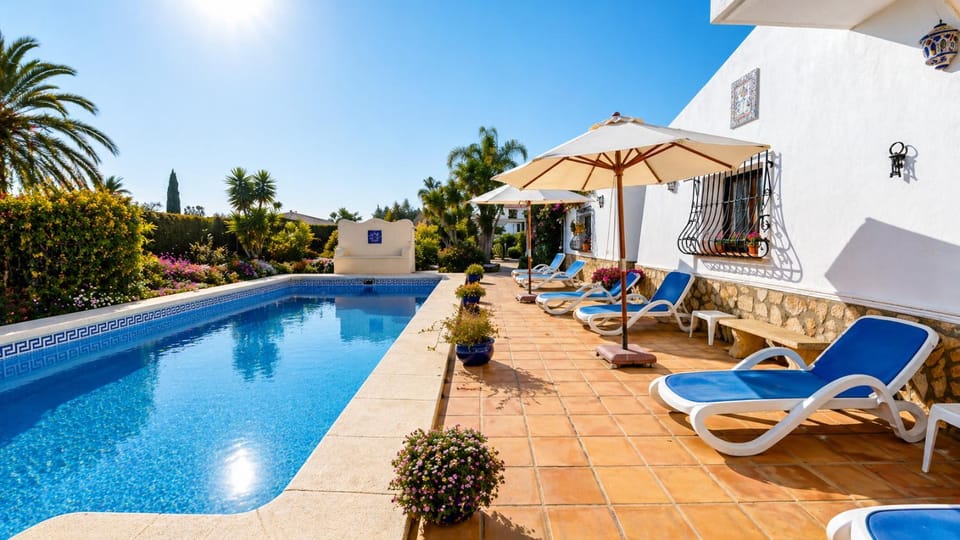 Property building, Patio, Spring, Day, Garden, Garden view, Pool view, Swimming pool, sunbed
