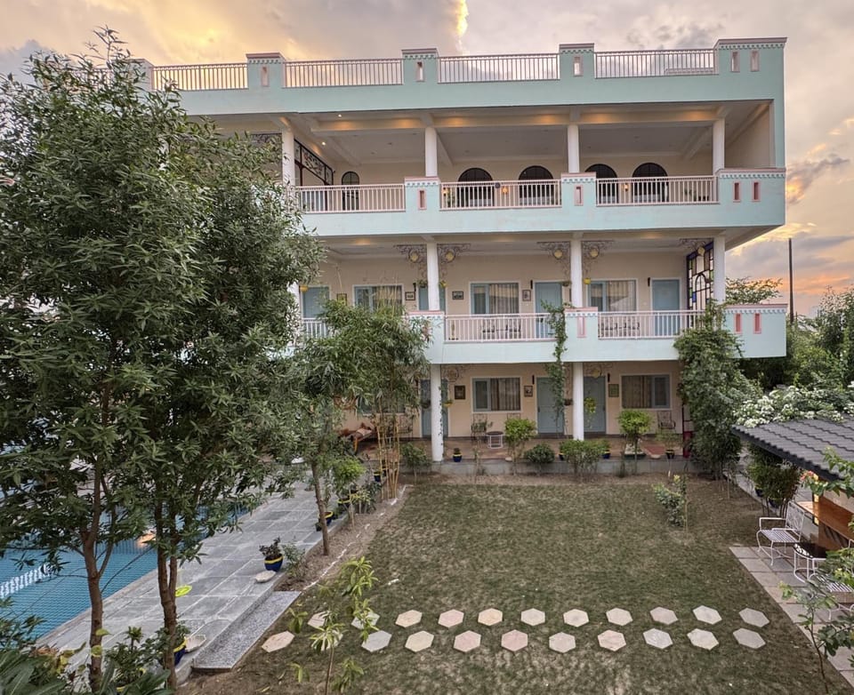 Property building, Patio, Spring, Day, Garden, View (from property/room), Balcony/Terrace, Garden view, Pool view, Swimming pool
