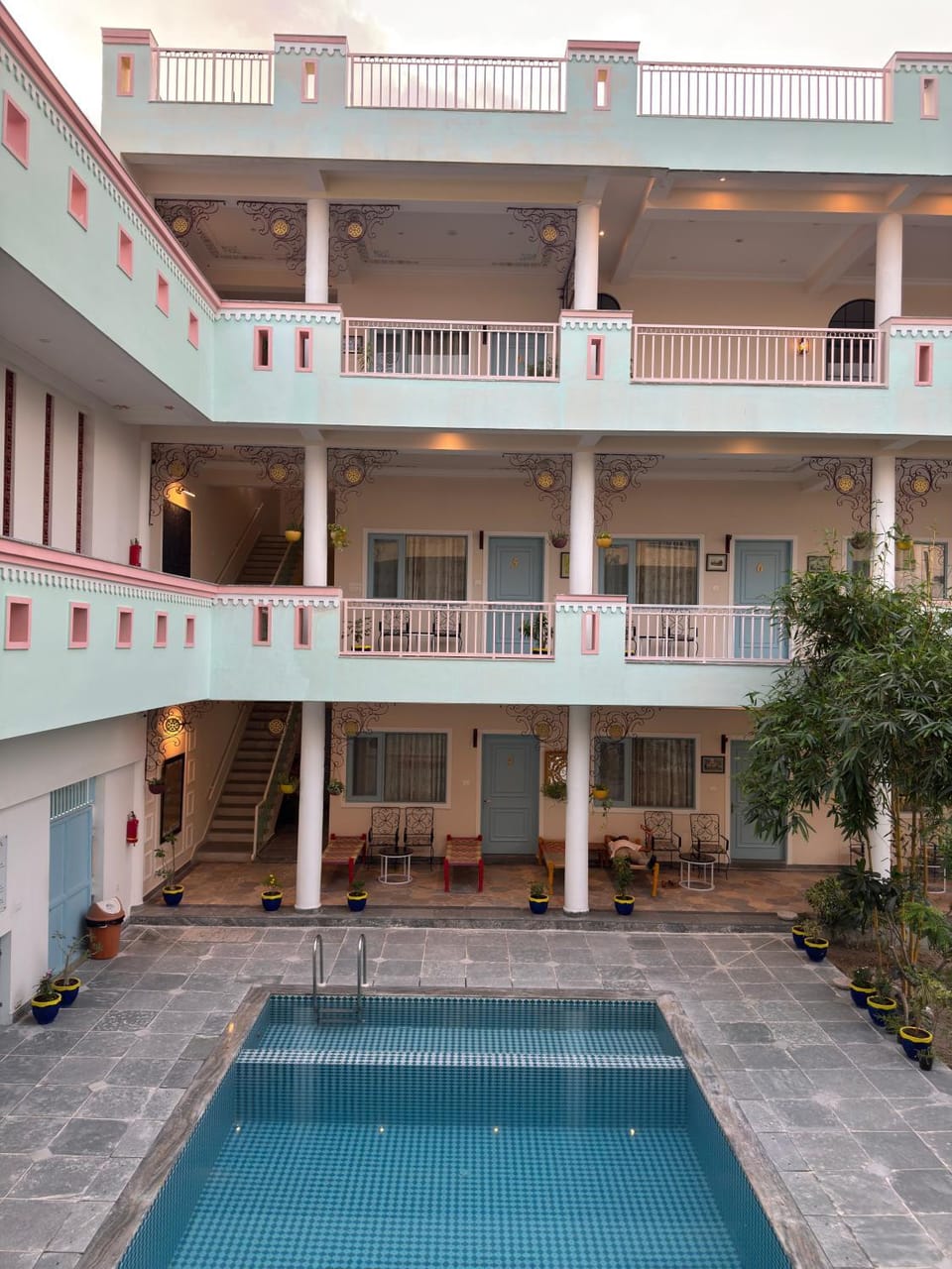 Property building, Patio, Day, View (from property/room), Balcony/Terrace, Pool view, Swimming pool