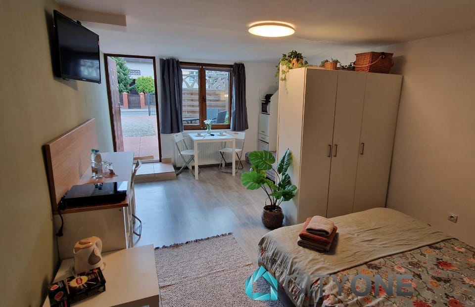 Bed, TV and multimedia, Living room, Photo of the whole room, Seating area, Bedroom, hair dresser, towels, wardrobe