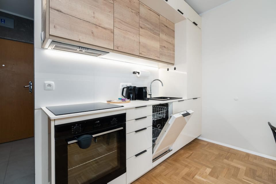 Kitchen or kitchenette, dishwasher, stove
