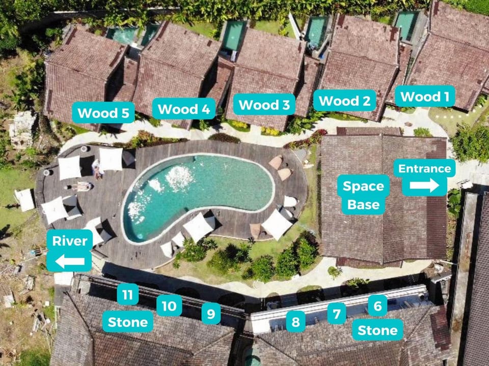 Property building, Bird's eye view, Text overlay, Swimming pool